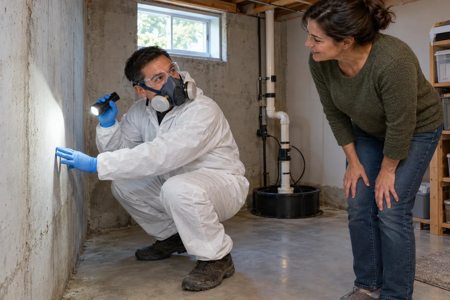 A friendly local mold removal provider checking a basement wall with a flashlight in a Akron home