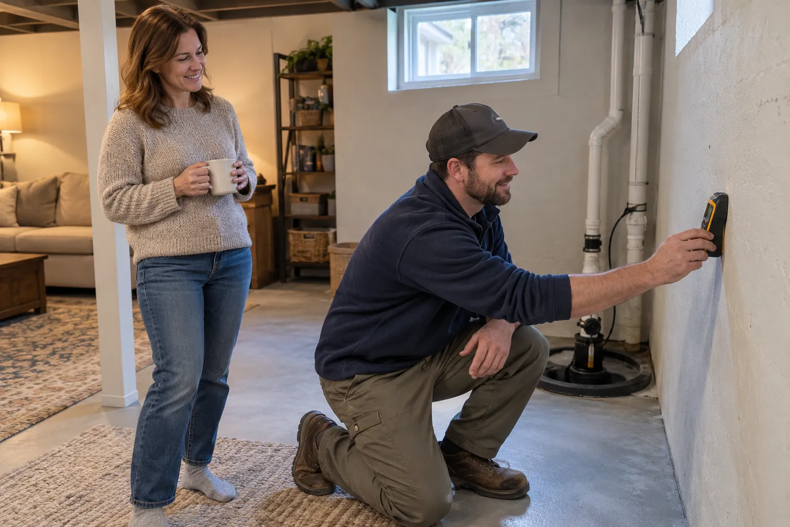 Mold inspector checking a basement wall with a moisture meter in a home in Akron