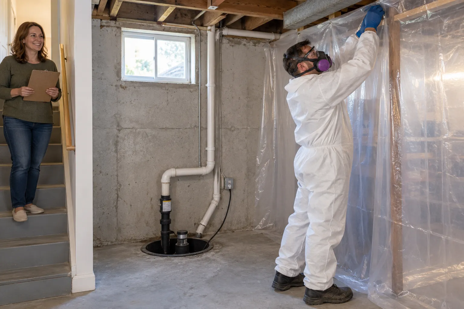 A mold remediation provider setting up plastic containment in a basement of a home in Akron